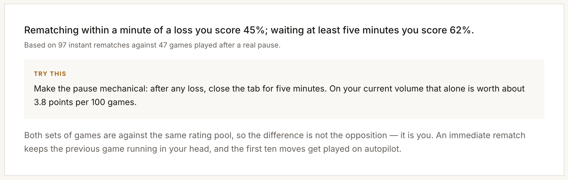 Insight card describing a losing pattern and a suggested habit to try